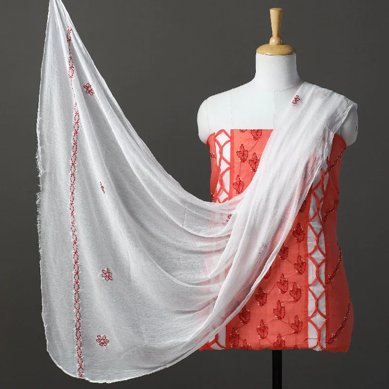 Red - 3pc Hand Embroidery Cotton Chikankari Dress Material 01