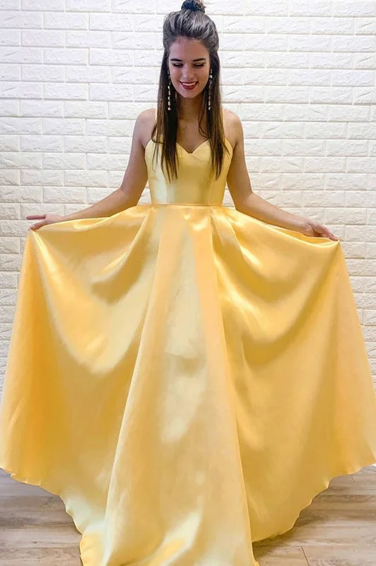 Yellow Satin Spaghetti Straps A Line Simple Formal Evening Dress  Long Prom Dress