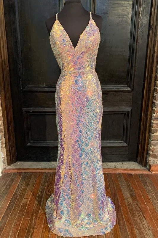 Sequins Formal Evening Dresses White Shiny V-Neck Mermaid Long Prom Dresses