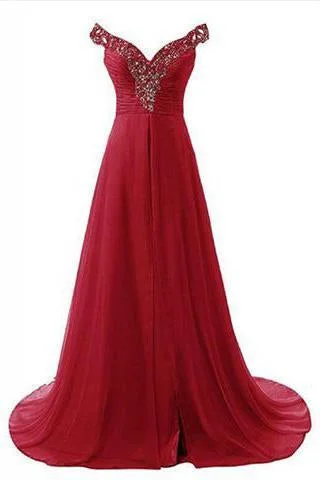 Off Shoulder Beading Bodice Long Chiffon Prom Dresses Evening DRESSESRS556