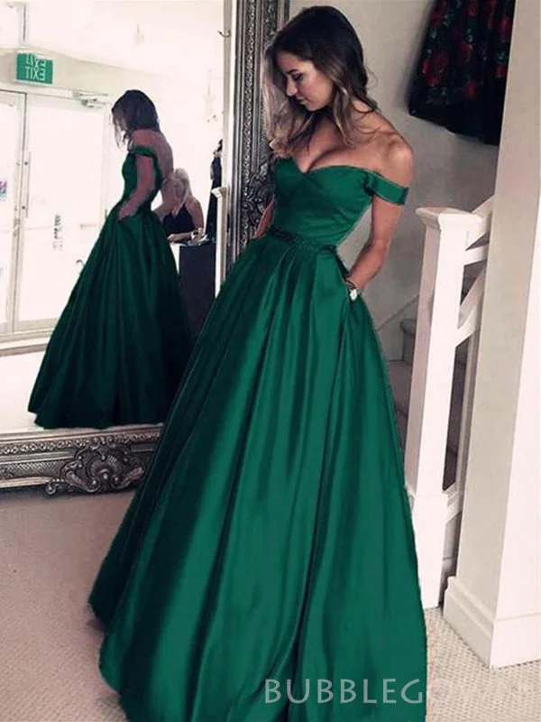 A-line Emerald Green Satin Off Shoulder Long Evening Prom Dresses, Custom Cheap Prom Dresses, BGS0254 A-line Emerald Green Satin Off Shoulder Long Evening Prom Dresses, Custom Cheap Prom Dresses, BGS0254