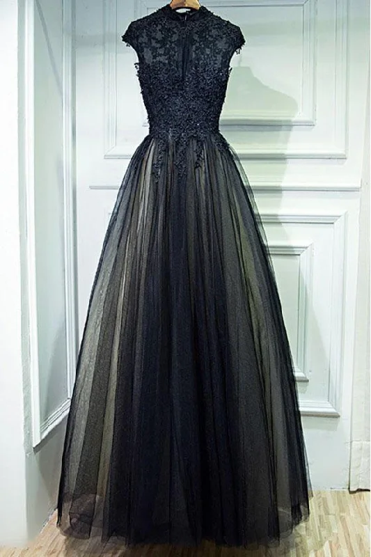 Vintage A Line Chic Long Black Lace Cap Sleeves High Neck Beads Appliques Prom Dresses