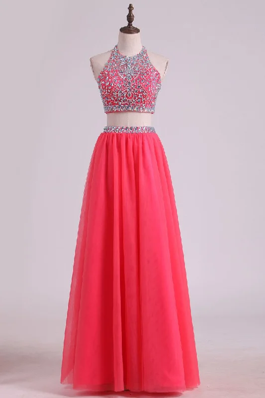 2024 Two Pieces Halter Prom Dresses A Line Tulle With Beading Floor Length
