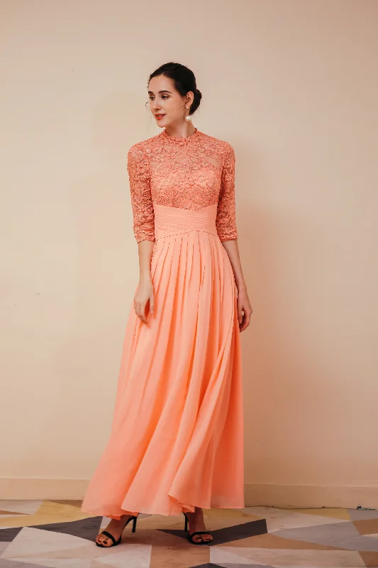 Modest Sheath Half Sleeves  Chiffon Long Prom Dresses
