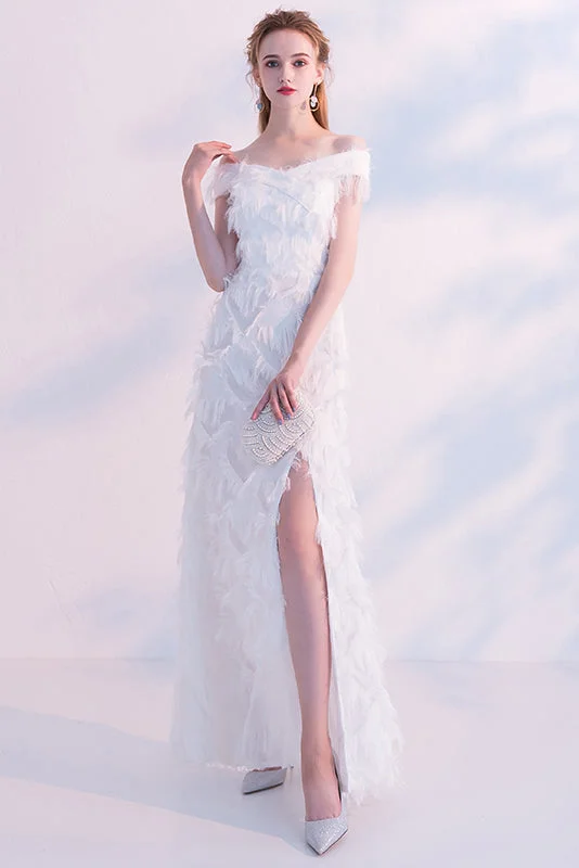 White Off-The-Shoulder Feather Slit Long Homecoming Dress