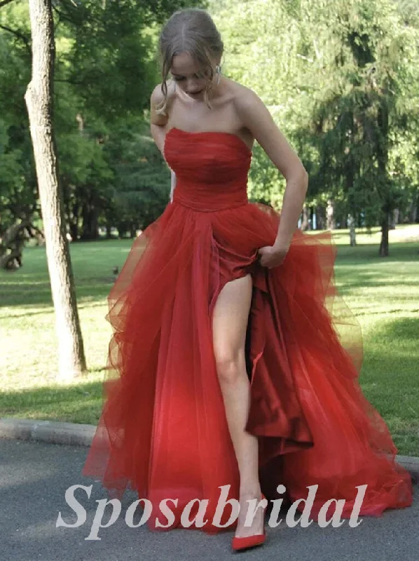 Sexy Tulle And Satin Sweetheart Sleeveless Side Slit A-Line Long Prom Dresses, PD3613 Sexy Tulle And Satin Sweetheart Sleeveless Side Slit A-Line Long Prom Dresses, PD3613