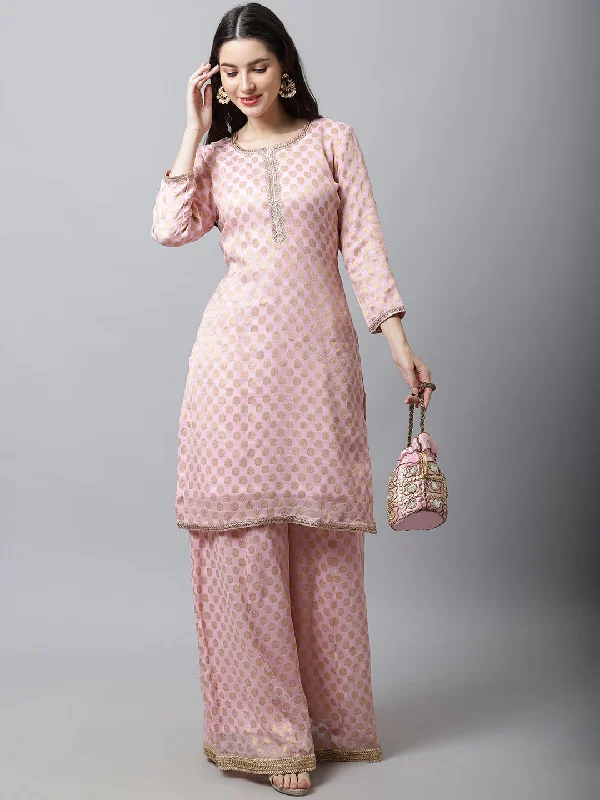 Baby Pink Straight Banarasi Kurti With Flared Palazzo Couple Matching Dress