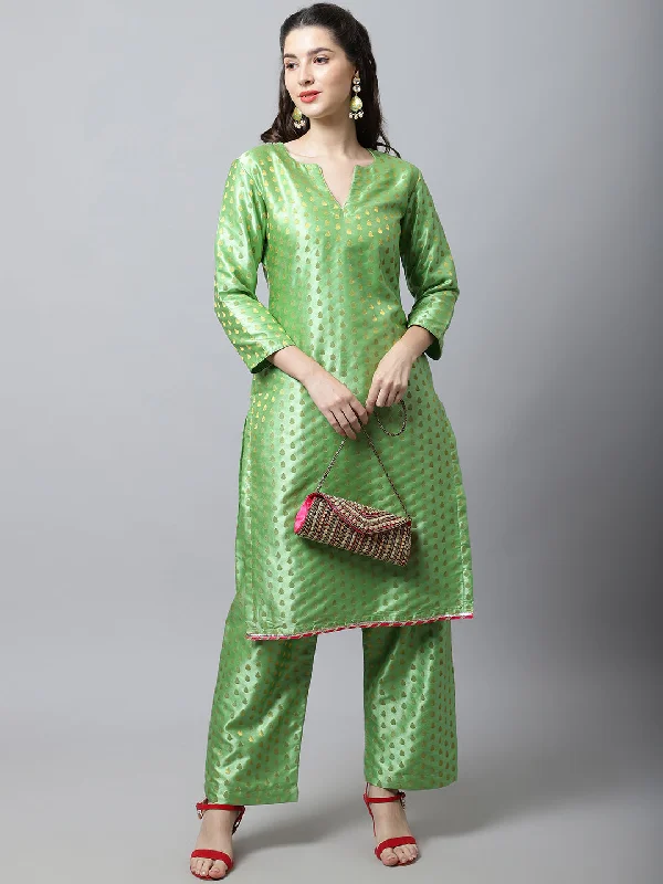 Sahiba Green Brocade Straight Kurti With Straight Palazzo Couple Matching Dress