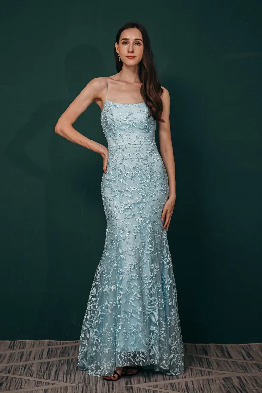 A-line Spaghetti Straps Lace Sky Blue Prom Dresses