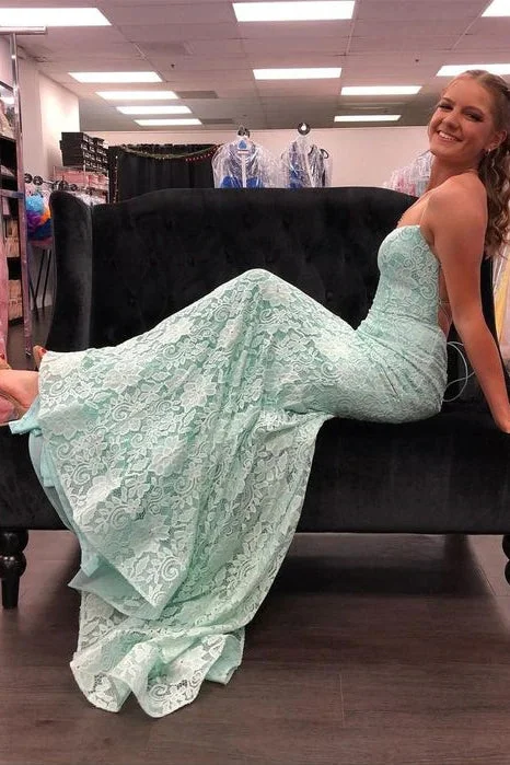 Mint Green Lace Evening Dresses Mermaid Spaghetti Straps Long Prom Dresses