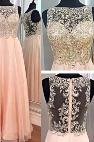 A-Line Blush Pink Sexy Chiffon Cheap Scoop Sleeveless Beads Zipper Prom Dresses