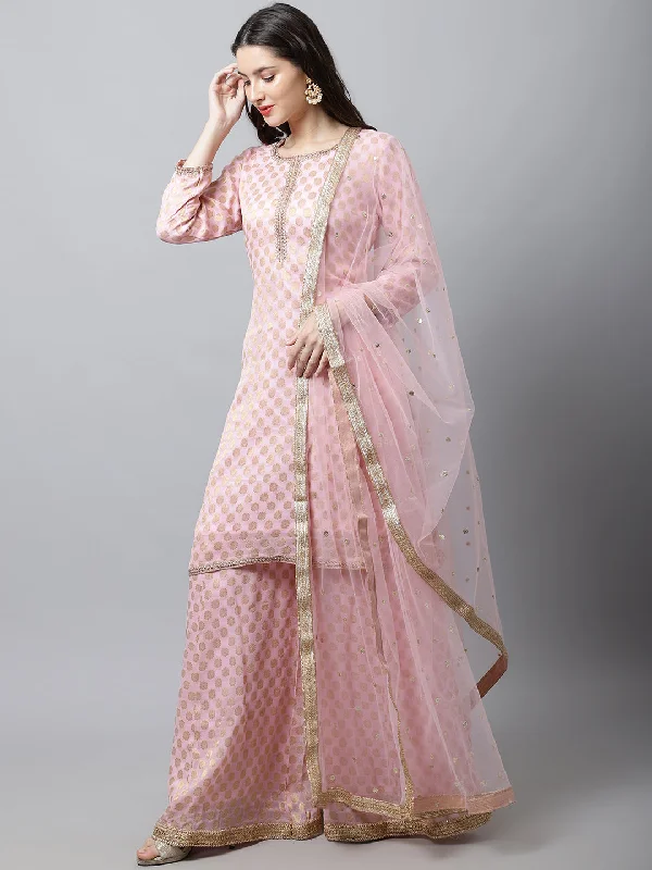 Baby Pink Straight Banarasi Kurti With Flared Palazzo And Dupatta Couple Matching Dress