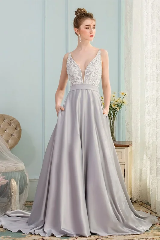A-Line V-Neck Pleated Grey Satin Prom Dress with Appliques