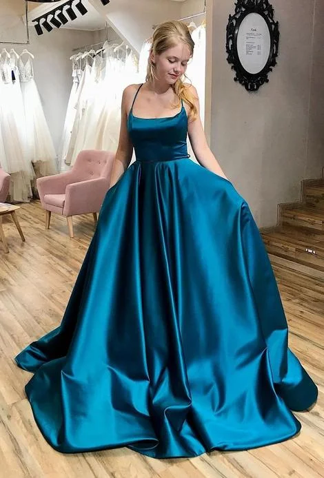 Spaghetti Straps Pageant Dance Dresses Ink Blue A-Line Satin School Party Gown Long Prom Dress Spaghetti Straps Pageant Dance Dresses Ink Blue A-Line Satin School Party Gown Long Prom Dress