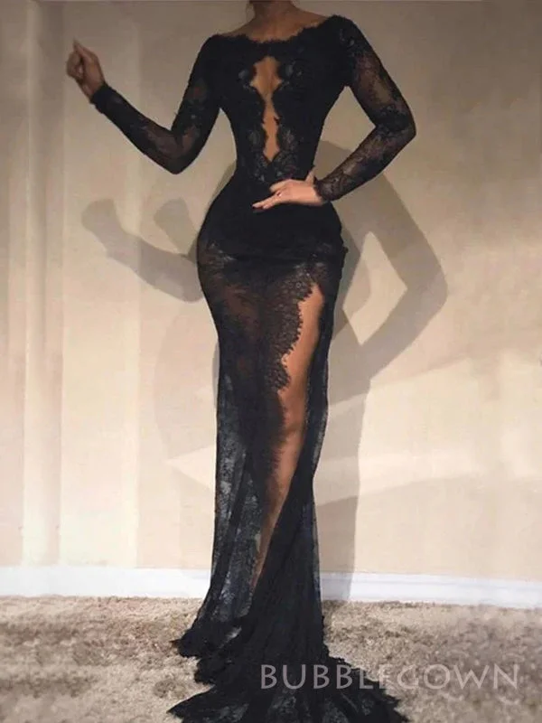 Black Tulle Lace Mermaid Long Sleeves Long Evening Prom Dresses, Custom High Slit Prom Dresses, BGS0275 Black Tulle Lace Mermaid Long Sleeves Long Evening Prom Dresses, Custom High Slit Prom Dresses, BGS0275