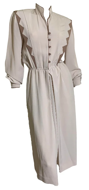 Sand and Khaki Dress with Zig Zag Detail on Bodice circa 1980s