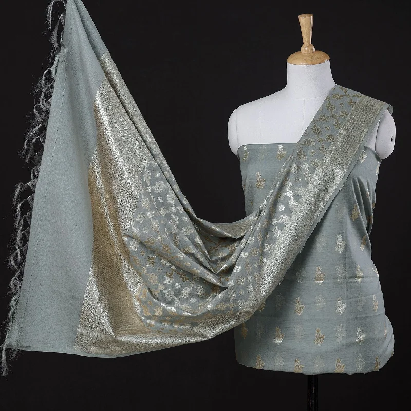Grey - 3pc Cotton Zari Banarasi Dress Material