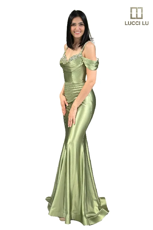 Lucci Lu 1313 Size 18 Sage Fitted Satin off the shoulder mermaid formal dress Crystal neckline ruched gown Lucci Lu 1313 Size 18 Sage Fitted Satin off the shoulder mermaid formal dress Crystal neckline ruched gown