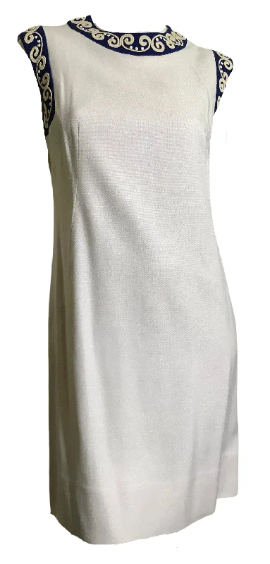 Sleeveless White Linen Weave Rayon Shift Dress with Blue and White Beaded Trim circa 1960s Sleeveless White Linen Weave Rayon Shift Dress with Blue and White Beaded Trim circa 1960s