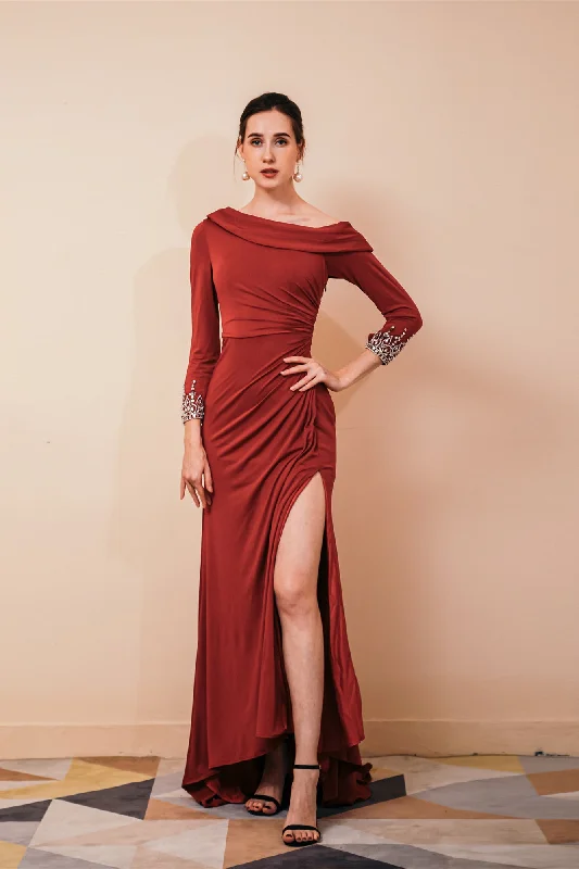 Mermaid Lone Sleeves Burgundy Prom Dresses