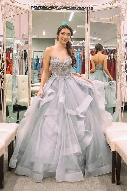 Gray Princess Sweetheart Neck Tulle Beaded  Formal Evening Dress Long Prom Dress