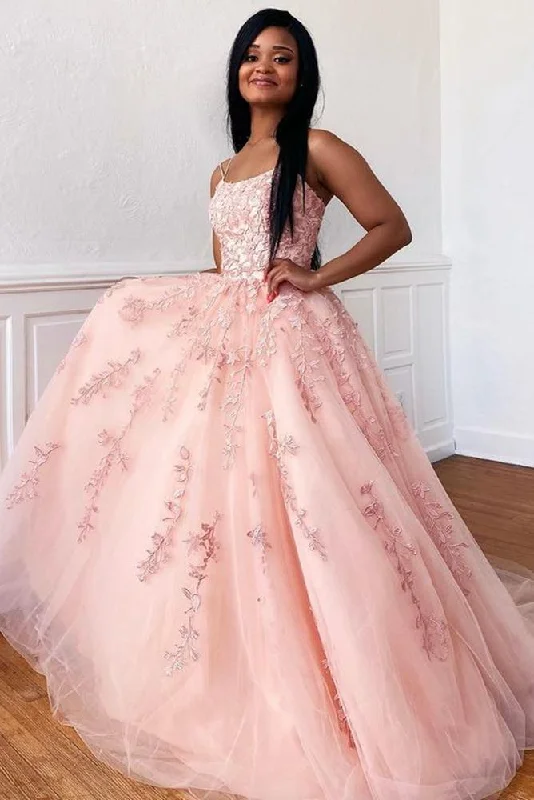 Appliques Beading Popular Formal Dresses Pink A-Line Tulle Long Prom Dresses