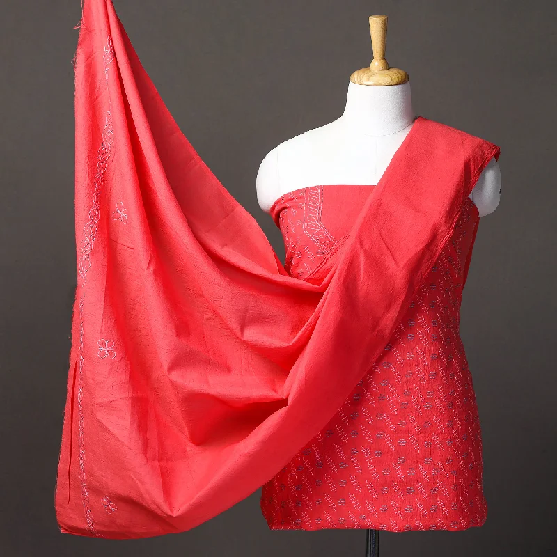 Red - 3pc Hand Embroidery Cotton Chikankari Dress Material 02