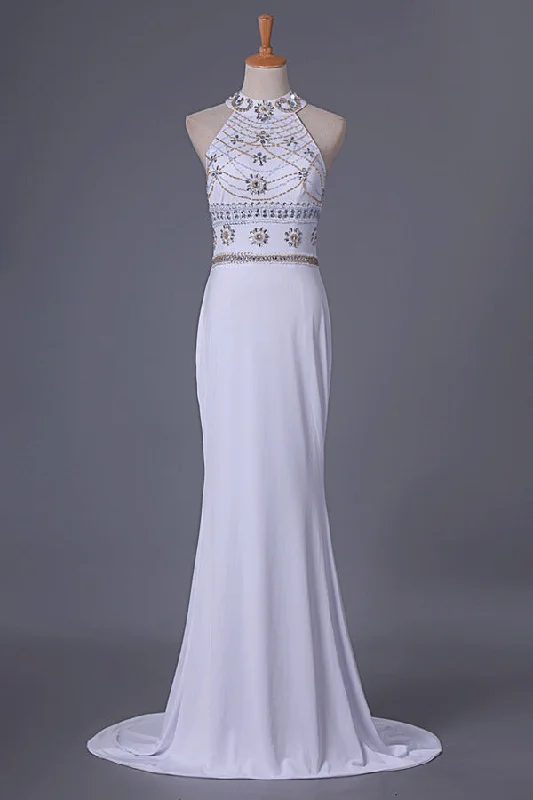 2024 Spandex Prom Dresses High Neck Beaded Bodice Sweep Train P2N967HK