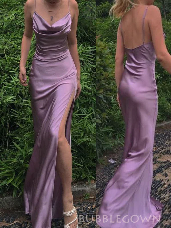 Simple Purple Satin Side Slit Long Evening Prom Dresses, Mermaid Cowl-neck Prom Dress, BGS0324 Simple Purple Satin Side Slit Long Evening Prom Dresses, Mermaid Cowl-neck Prom Dress, BGS0324