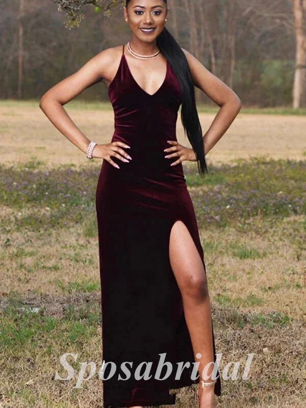 Sexy Velvet Spaghetti Straps V-Neck Sleeveless Side Slit Mermaid Long Prom Dresses, PD3585 Sexy Velvet Spaghetti Straps V-Neck Sleeveless Side Slit Mermaid Long Prom Dresses, PD3585
