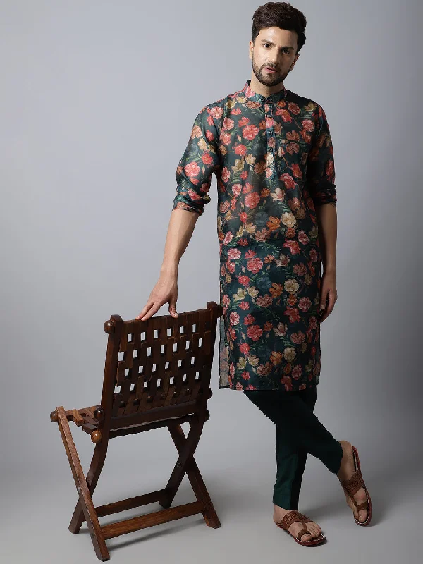 Green Floral Printed Men Kurta Pajama Couple Matching Dress