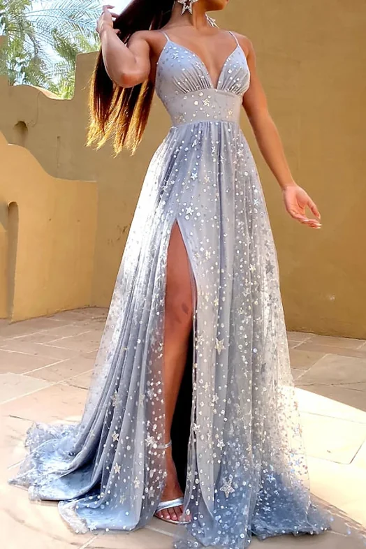A-Line V-Neck  Glittering Gray Sleeveless Split Engagement Prom Dresses