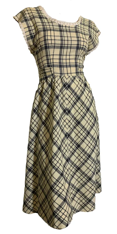 Sunlight Yellow and Blue Checked Cotton Dress with Lace Trim and Low Button Back circa 1940s Sunlight Yellow and Blue Checked Cotton Dress with Lace Trim and Low Button Back circa 1940s