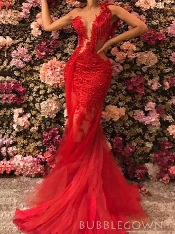 Red Tulle Appliques Mermaid Long Evening Prom Dresses, One Shoulder Prom Dress, BGS0411 Red Tulle Appliques Mermaid Long Evening Prom Dresses, One Shoulder Prom Dress, BGS0411