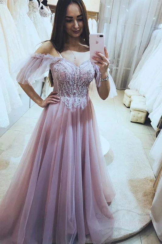 Formal Evening Dress A Line Pink Lulle Lace Appliques Long Prom Dress