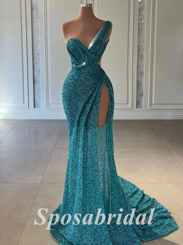 Sexy Tulle And Sequin Lace One Shoulder V-Neck Sleeveless Side Slit Mermaid Long Prom Dresses,PD3686 Sexy Tulle And Sequin Lace One Shoulder V-Neck Sleeveless Side Slit Mermaid Long Prom Dresses,PD3686