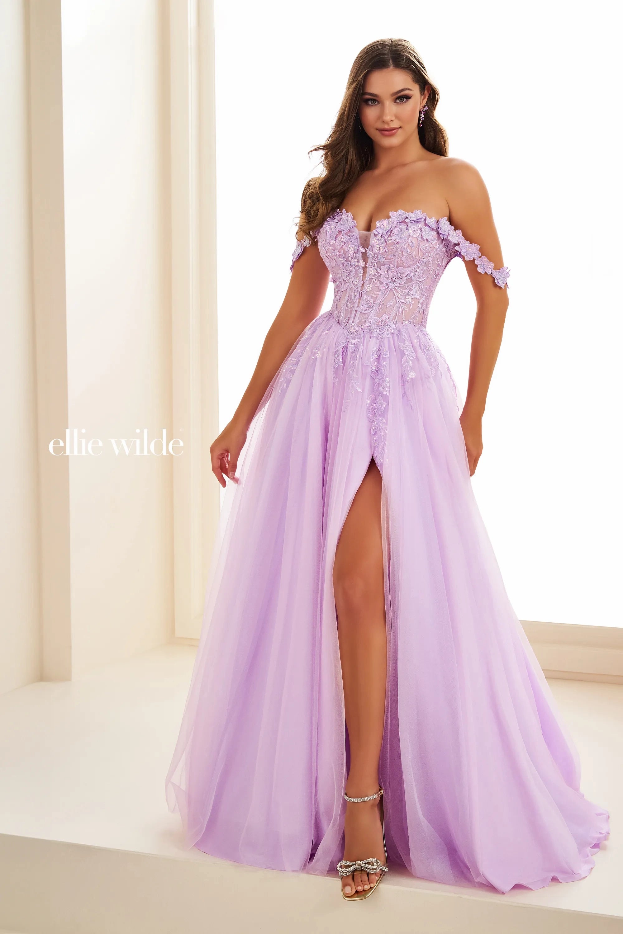 Ellie Wilde EW36214 Size 4 Lilac Long Maxi Slit Prom Dress Sheer Laced Corset off the shoulder Formal Gown