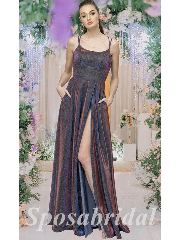 Sexy Shiny Special Fabric Spaghetti Straps Sleeveless Side Slit A-Line Long Prom Dresses With Pocket, PD3609 Sexy Shiny Special Fabric Spaghetti Straps Sleeveless Side Slit A-Line Long Prom Dresses With Pocket, PD3609