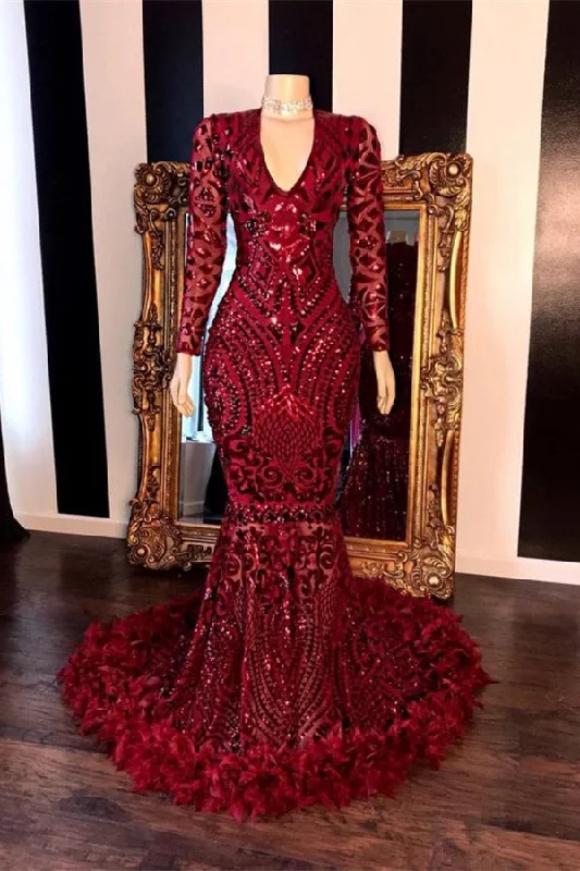 Burgundy V Neck Long Sleeves Mermaid Prom Dress Feather With Sequins
