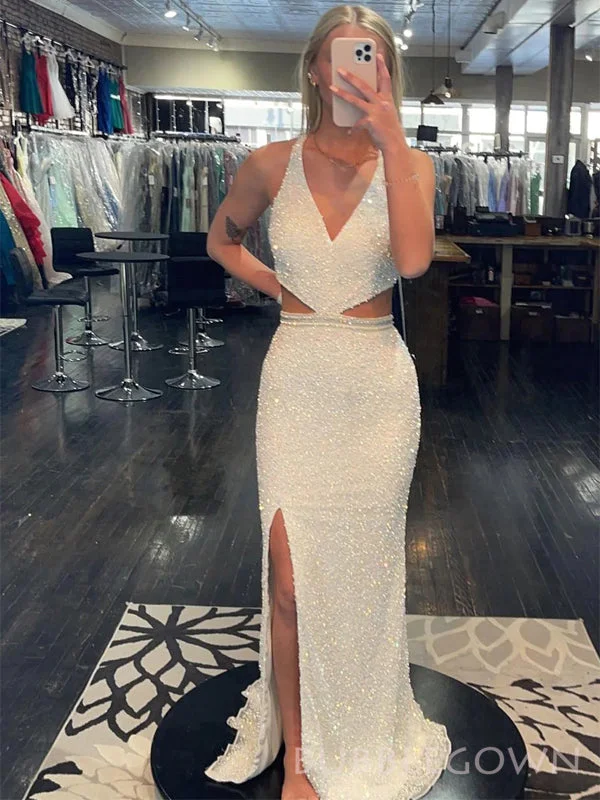 V-neck White Sequins Mermaid Long Evening Prom Dresses, Side Slit Sparkly Prom Dresses, BGS0281 V-neck White Sequins Mermaid Long Evening Prom Dresses, Side Slit Sparkly Prom Dresses, BGS0281