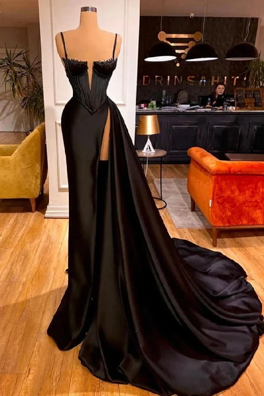Chapel Trailing Black Spaghetti Strps Split Evening Prom Dress