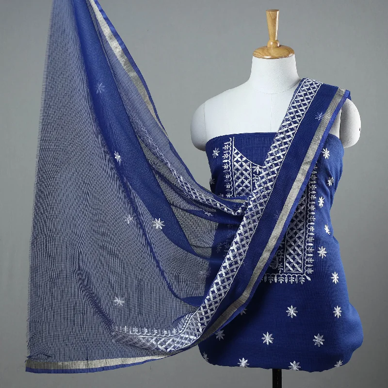 Blue - 3pc Cotton Embroidered Kota Doria Dress Material 13