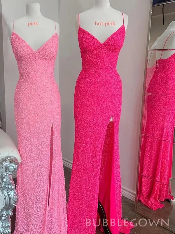 Spaghetti Straps Pink Sequins Mermaid Long Evening Prom Dresses, V-neck Side Slit Custom Prom Dress, BGS0307 Spaghetti Straps Pink Sequins Mermaid Long Evening Prom Dresses, V-neck Side Slit Custom Prom Dress, BGS0307