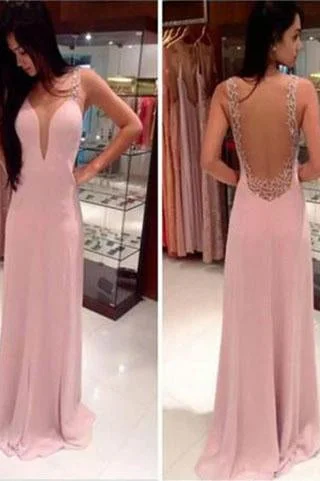 Pink Long Chiffon See Through Sexy V-Neck Sleeveless A-Line Yarn Prom Dresses