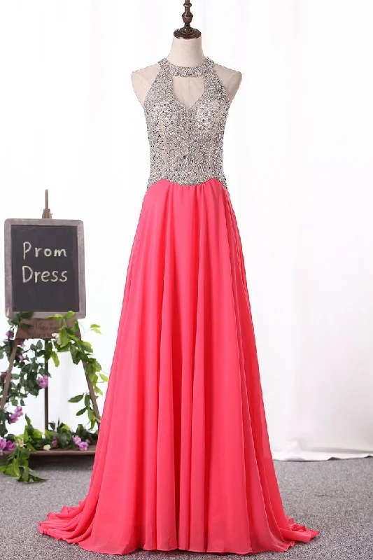 2024 Sexy Scoop-Neck A Line Prom Dresses Chiffon With Beaded Bodice Zipper Up