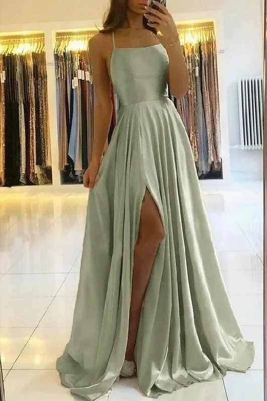 Spaghetti Straps Sage Dusty Simple Elegant  Long Prom Dresses