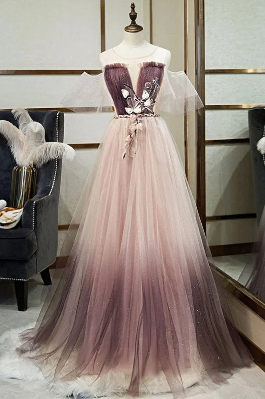 A Line Formal Evening Dress Tulle Unique Applique Long Prom Dress