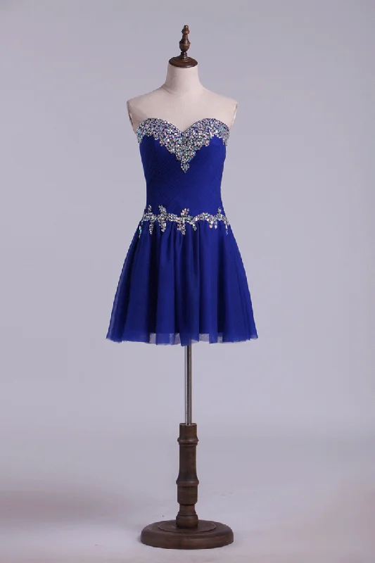 2024 Sweetheart A Line Prom Dresses Tulle Short With Beading Lace Up Dark Royal Blue 2024 Sweetheart A Line Prom Dresses Tulle Short With Beading Lace Up Dark Royal Blue