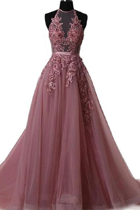 A Line Halter Lace Appliqued See-through Long Beads Lace up Tulle Backless Prom Dresses A Line Halter Lace Appliqued See-through Long Beads Lace up Tulle Backless Prom Dresses