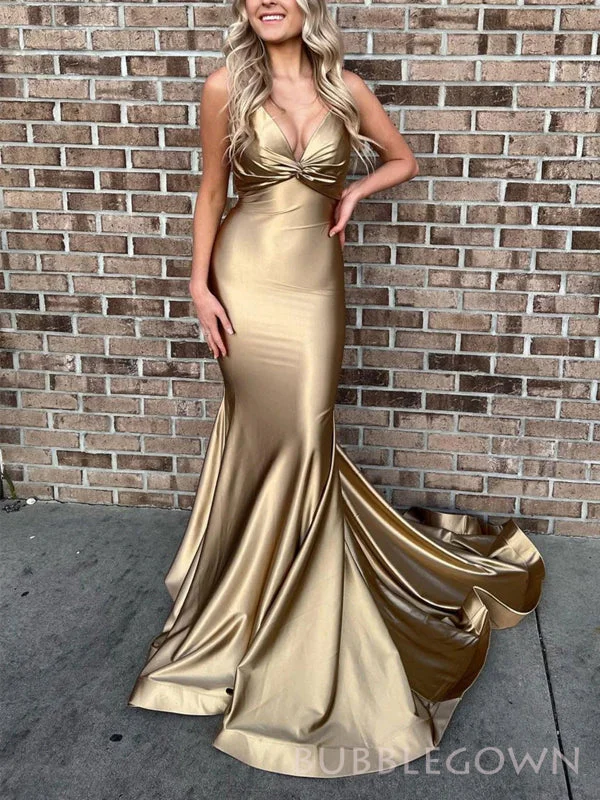 Gold Satin Mermaid V-neck Long Evening Prom Dresses, Spaghetti Straps Prom Dress, BGS0298 Gold Satin Mermaid V-neck Long Evening Prom Dresses, Spaghetti Straps Prom Dress, BGS0298